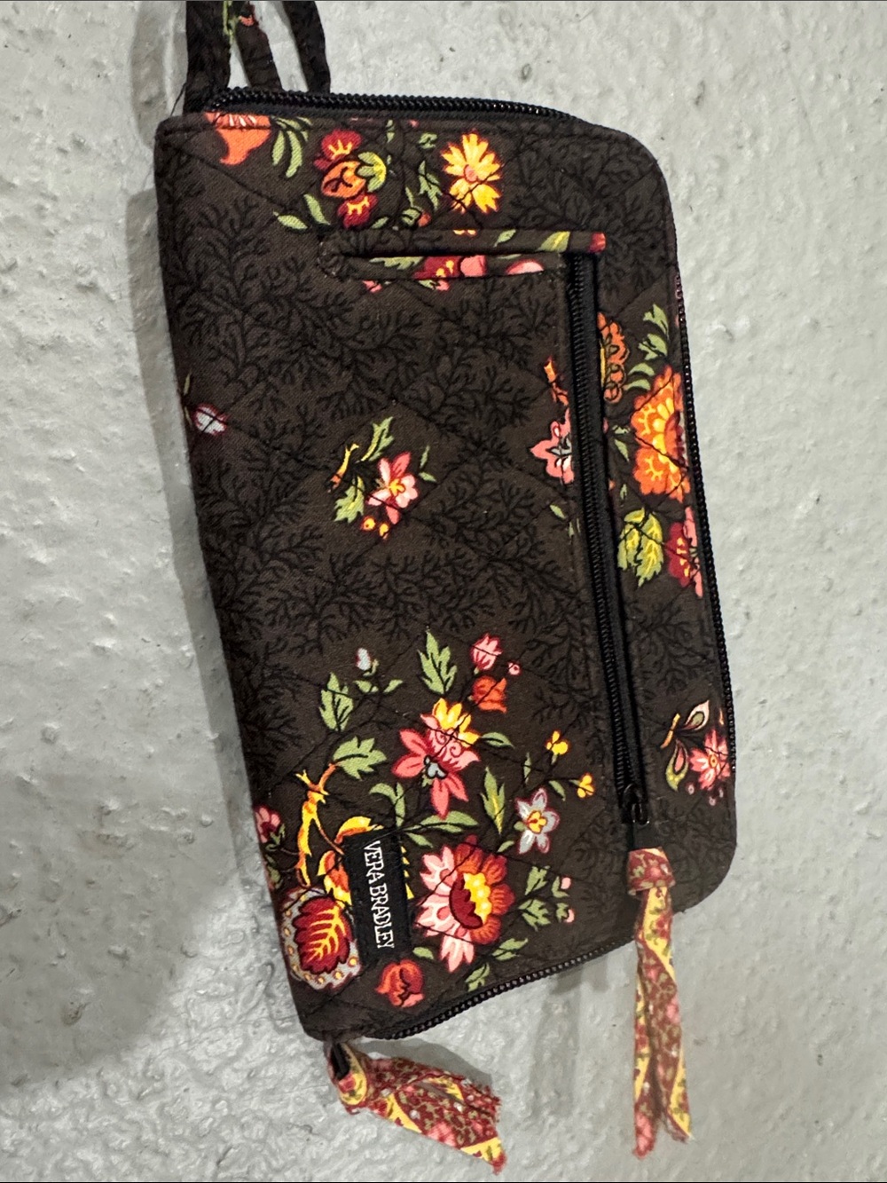 Vera Bradley Brown Floral Quilted Wristlet with Multicolor Flowers